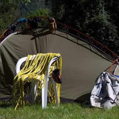 Drying gear while camping in rainy weather can be challenging 