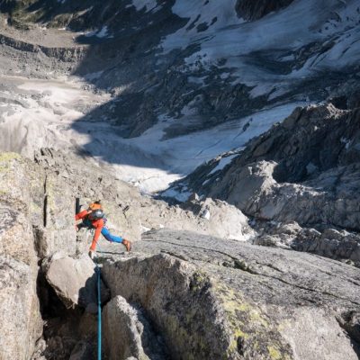 Mihnea following on the second steep crux on Frendo Spur, Aiguile du Midi